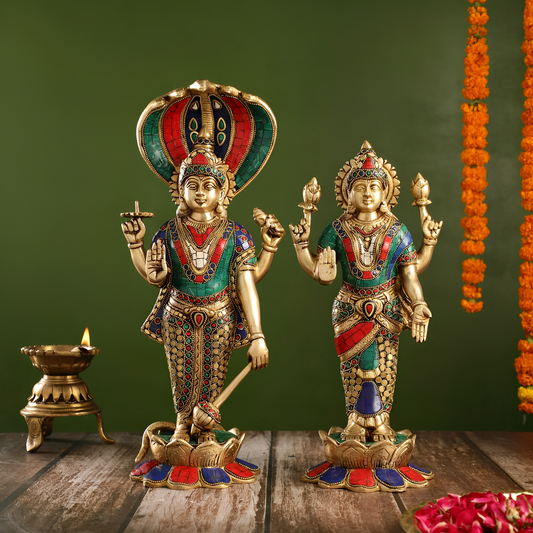 Brassaura™ Handcrafted Brass Vishnu & Lakshmi Statues – 14kg, 17-Inch – Elegant Divine Décor for Home Temple & Spiritual Spaces