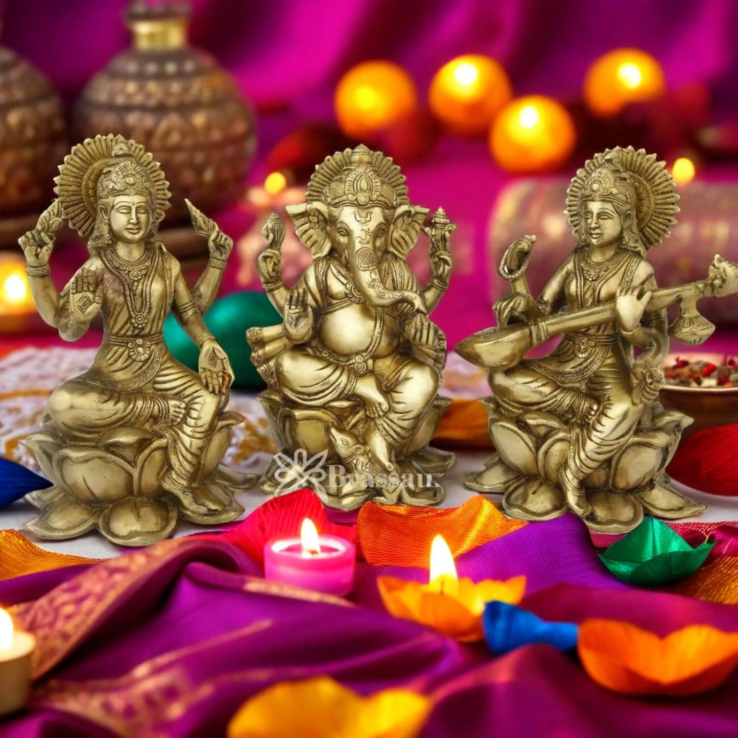 Brassaura™ Premium Brass Antique Laxmi Ganesha Saraswati Idol – Height 11" & Weight 12 Kgs | Hindu God Statue
