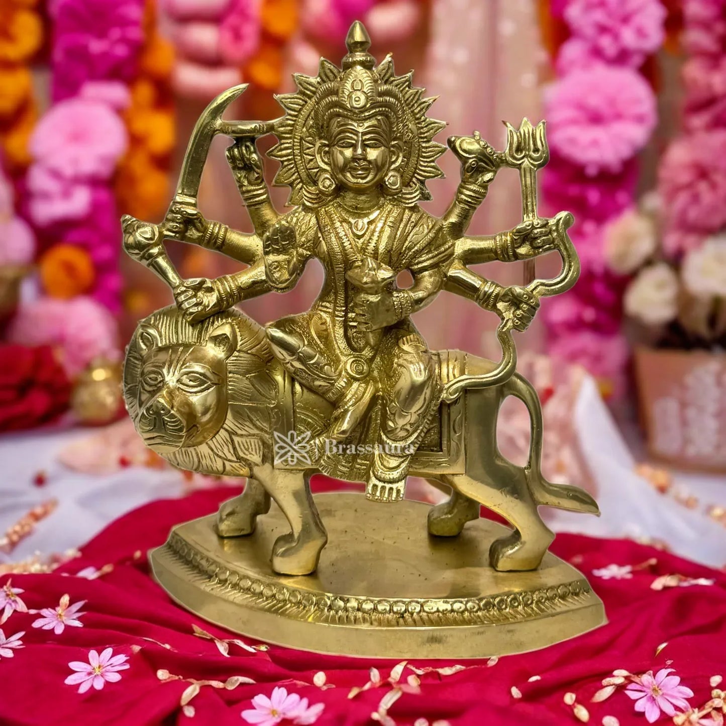 Brassaura™ Pure Brass Durga Murti – 10 Inches, 2.6 Kgs | Goddess Sherawali Statue