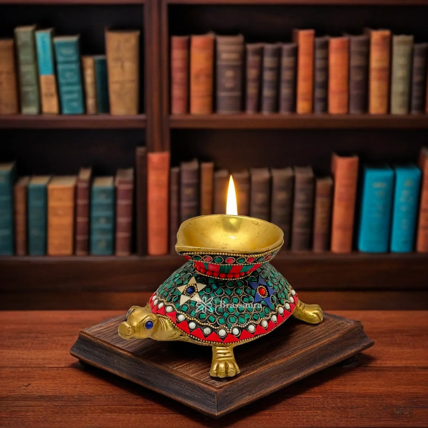 Brass Gem Stone Work Turtle Diya Idol for Home and Decor Weight 1.4 Kg Height 3.1 inch