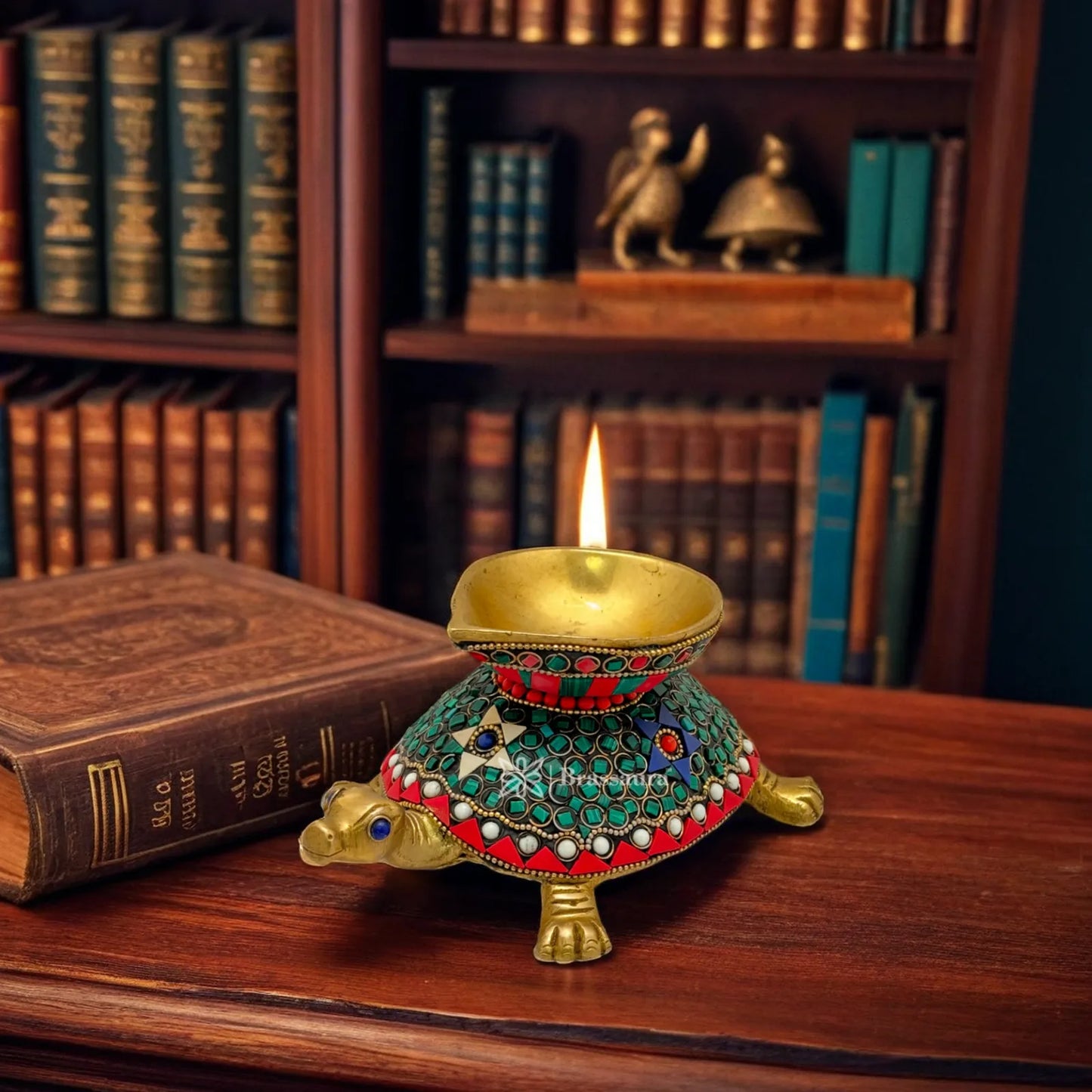 Brass Gem Stone Work Turtle Diya Idol for Home and Decor Weight 1.4 Kg Height 3.1 inch