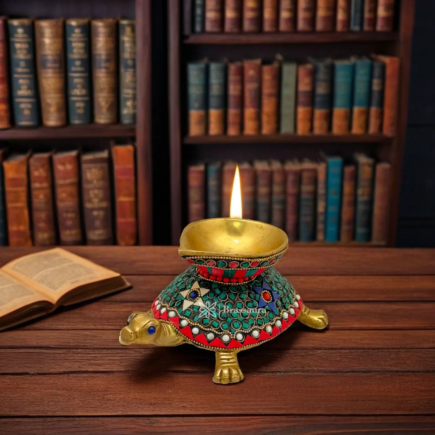 Brass Gem Stone Work Turtle Diya Idol for Home and Decor Weight 1.4 Kg Height 3.1 inch