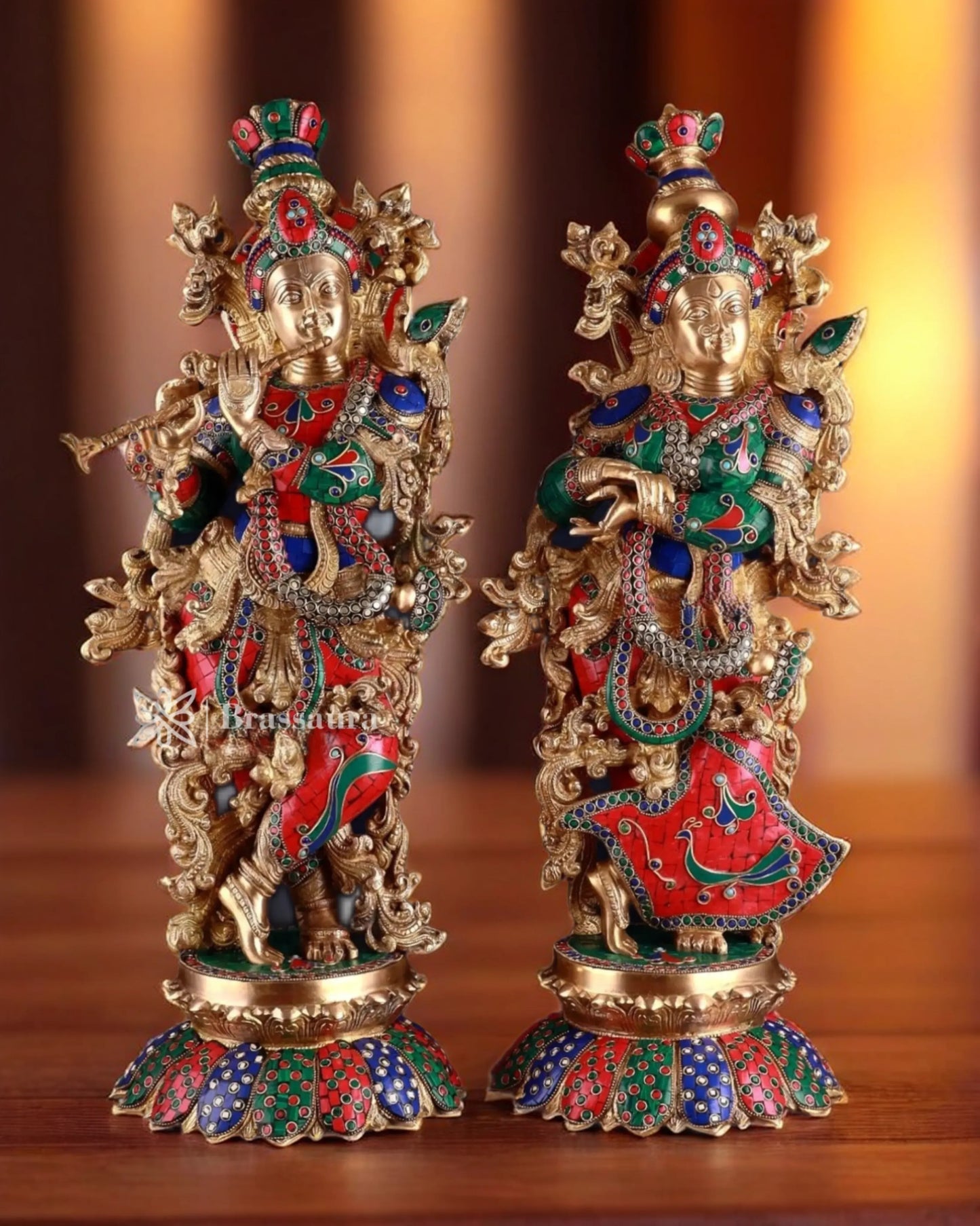 Brassaura™ Handcrafted Brass Radha Krishna Idol Pair with Lotus Base – Height 27 Inches & Weight 40 Kgs | Elegant Devotional Statue