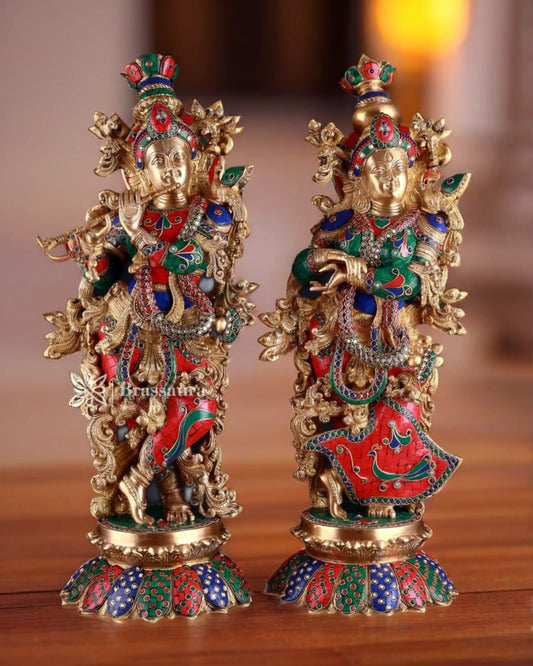 Brassaura™ Handcrafted Brass Radha Krishna Idol Pair with Lotus Base – Height 27 Inches & Weight 40 Kgs | Elegant Devotional Statue