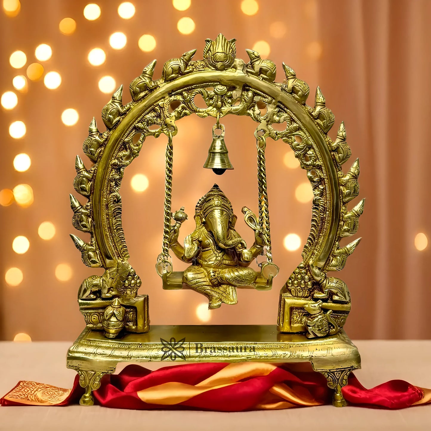 Brassaura™ Brass Ganesha Jhula Murti – Height 14.6 inches & Weight 5.2 kgs | Ganpati Swing Idol for Pooja & Home Décor