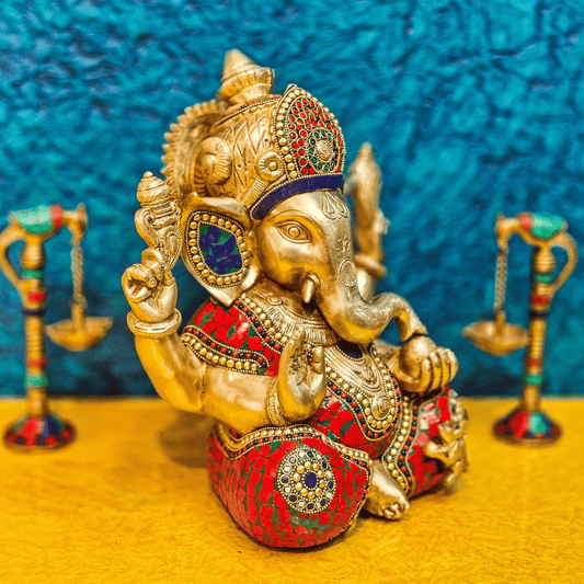 ब्रसॉरा® गणपति पीतल की मूर्ति मोज़ेक लेवेल्ड स्टोनवर्क के साथ | ऊँचाई 12 इंच