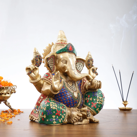 Brassaura® गणपति आशीर्वाद प्रतिमा | हस्तनिर्मित पीतल पत्थर के काम के साथ | ऊंचाई 13 इंच