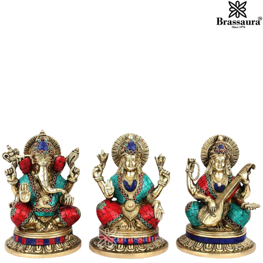 Brassaura™ Brass Gem Stone Work Laxmi Ganesha Saraswati Murti – Height 8.5 Inches & Weight 9.3 Kgs | Divine Trio Idol
