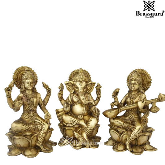 Brassaura™ Premium Brass Antique Laxmi Ganesha Saraswati Idol – Height 11" & Weight 12 Kgs | Hindu God Statue