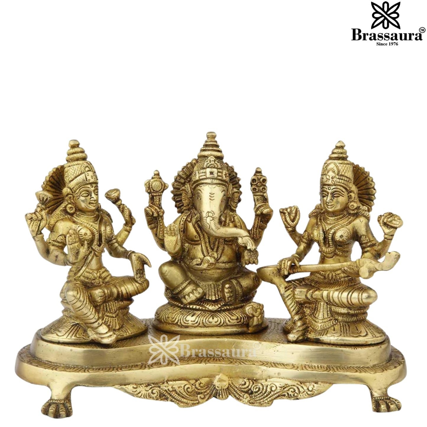 Brassaura™ Handcrafted Brass Antique Laxmi Ganesha Saraswati Statue – Height 6.5" & Weight 3.2 Kgs | Devotional Décor,