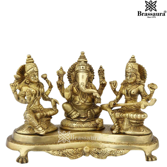 Brassaura™ Handcrafted Brass Antique Laxmi Ganesha Saraswati Statue – Height 6.5" & Weight 3.2 Kgs | Devotional Décor,