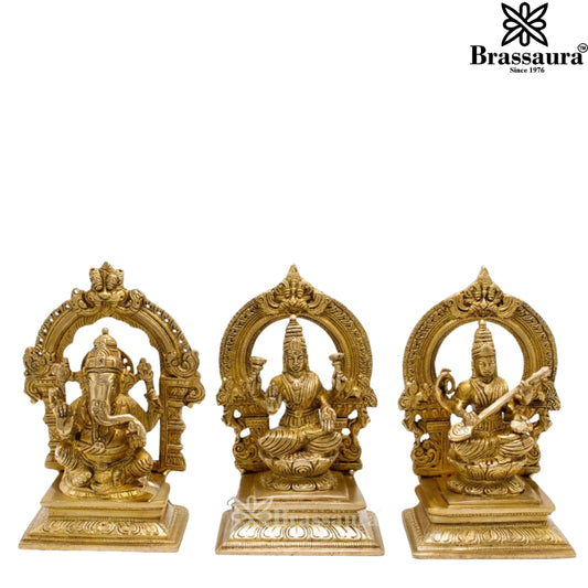 Brassaura™ Traditional Brass Laxmi Ganesha Saraswati Murti – Height 7 Inches & Weight 4.5 Kgs | Hindu Idol