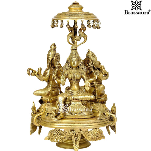 Brassaura™ Traditional Brass Antique Laxmi Ganesha Saraswati Murti – Height 17 Inches & Weight 12 Kgs | Hindu Idol