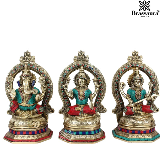 Brassaura™ Artistic Brass Gemstone Laxmi Ganesha Saraswati Statue – Height 11.5 Inches & Weight 12.6 Kgs | Puja Room Idol