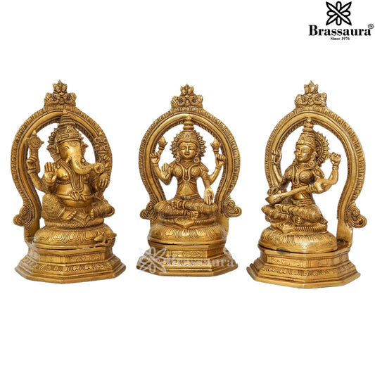 Brassaura™ Artistic Brass Antique Laxmi Ganesha Saraswati Idol – Height 11.5 Inches & Weight 12 Kgs | Devotional Accent