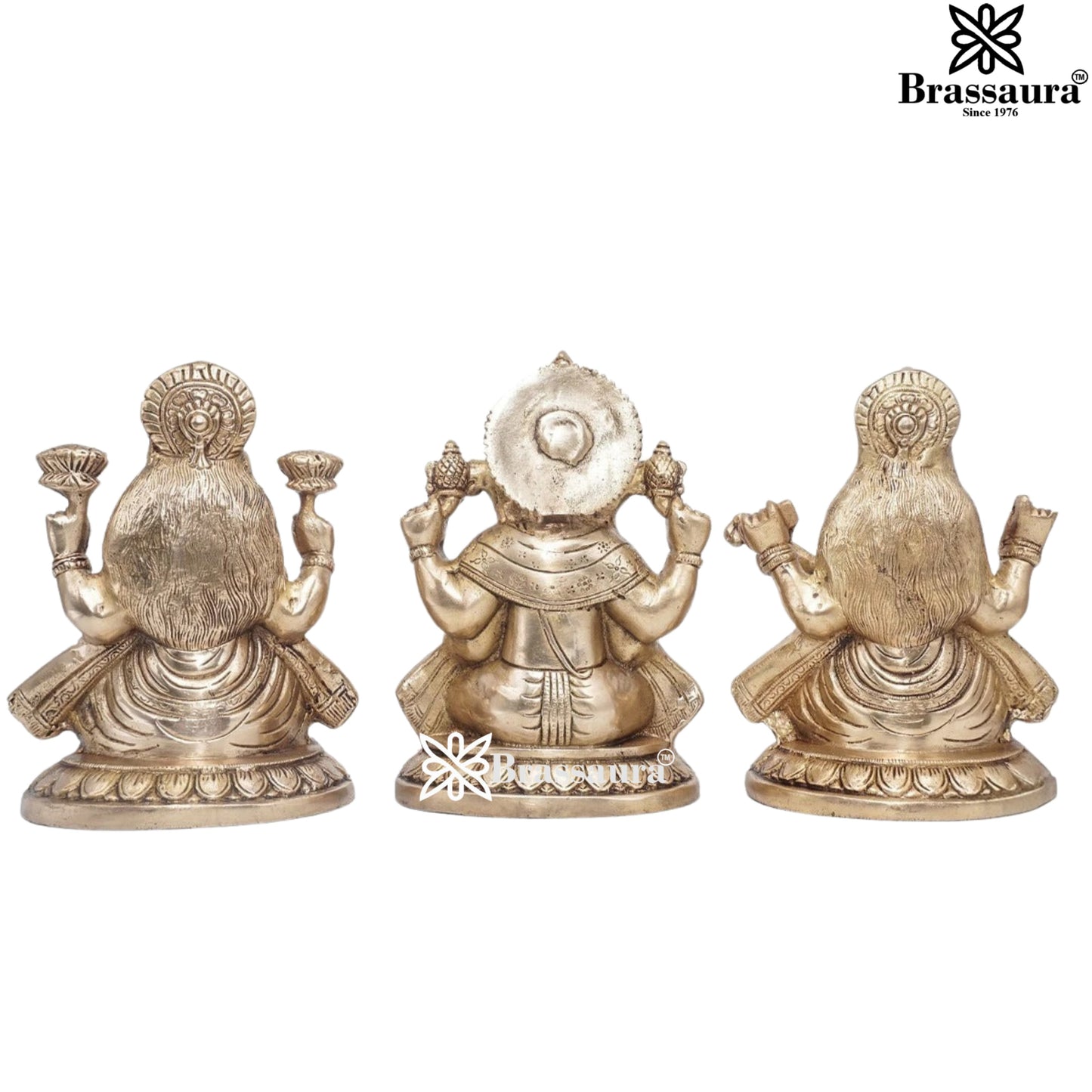 Brassaura™ Elegant Brass Antique Laxmi Ganesha Saraswati Statue – Height 7.5" & Weight 9 Kgs | Temple Décor