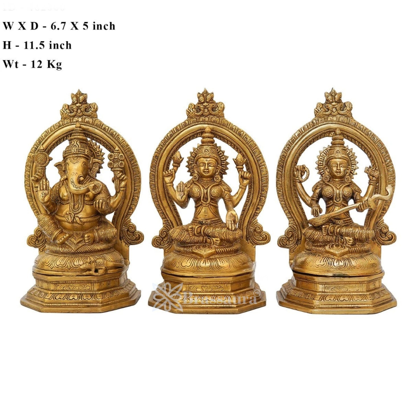 Brassaura™ Artistic Brass Antique Laxmi Ganesha Saraswati Idol – Height 11.5 Inches & Weight 12 Kgs | Devotional Accent