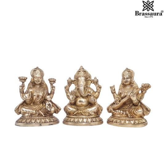 Brassaura™ Elegant Brass Antique Laxmi Ganesha Saraswati Statue – Height 7.5" & Weight 9 Kgs | Temple Décor