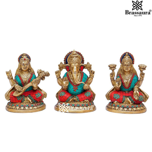 Brassaura™ Premium Brass Gem Stone Work Laxmi Ganesha Saraswati Idol – Height 8 Inches & Weight 8.5 Kgs | Hindu God Sculpture
