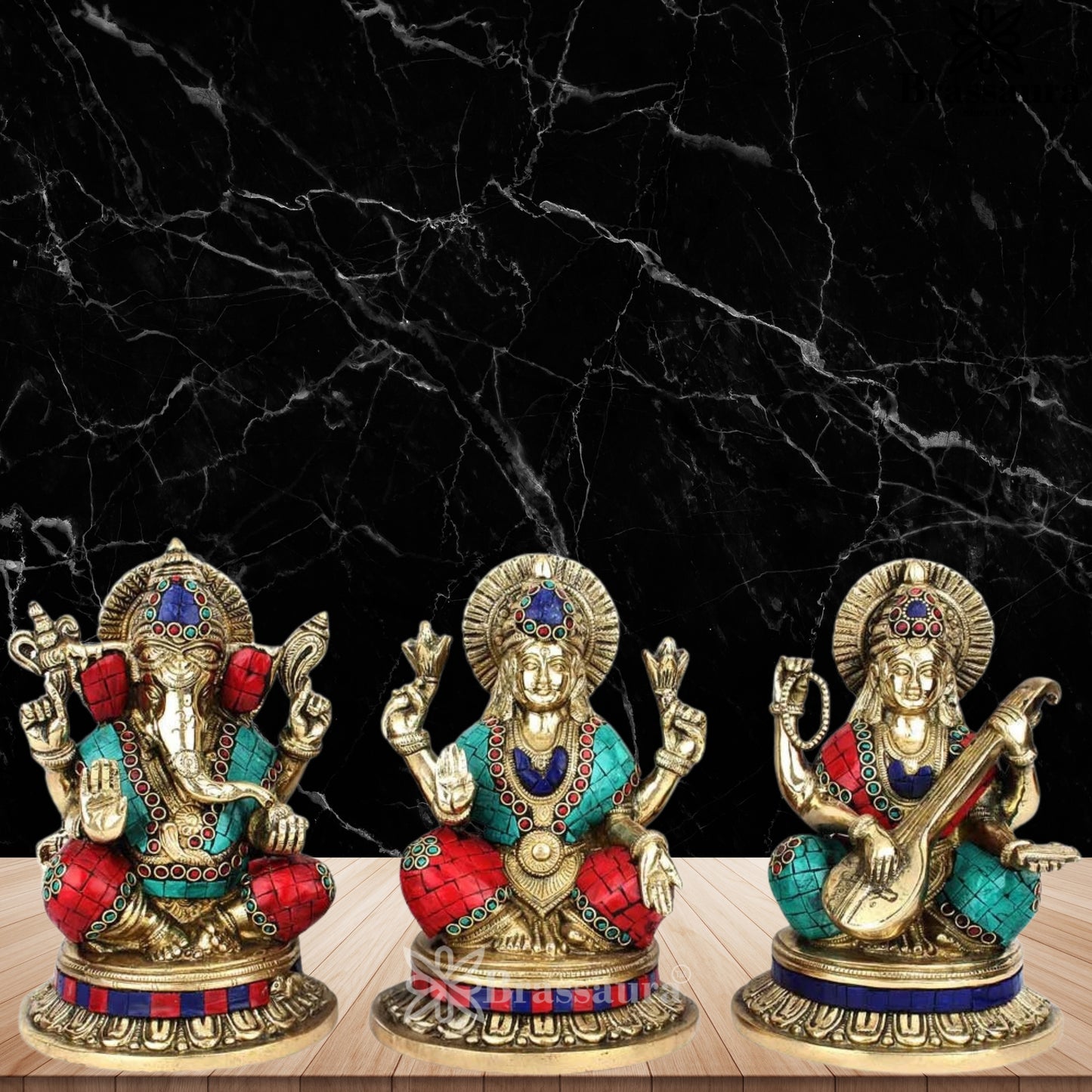 Brassaura™ Brass Gem Stone Work Laxmi Ganesha Saraswati Murti – Height 8.5 Inches & Weight 9.3 Kgs | Divine Trio Idol