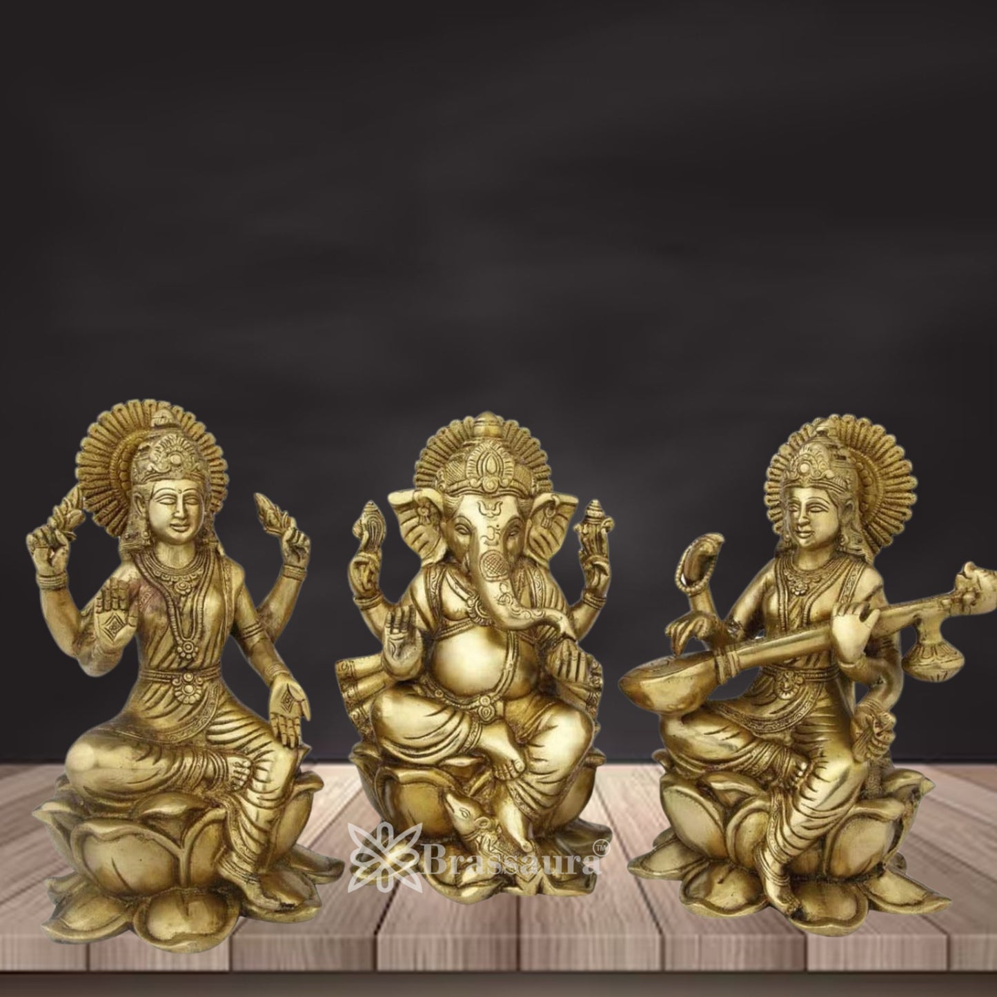 Brassaura™ Premium Brass Antique Laxmi Ganesha Saraswati Idol – Height 11" & Weight 12 Kgs | Hindu God Statue
