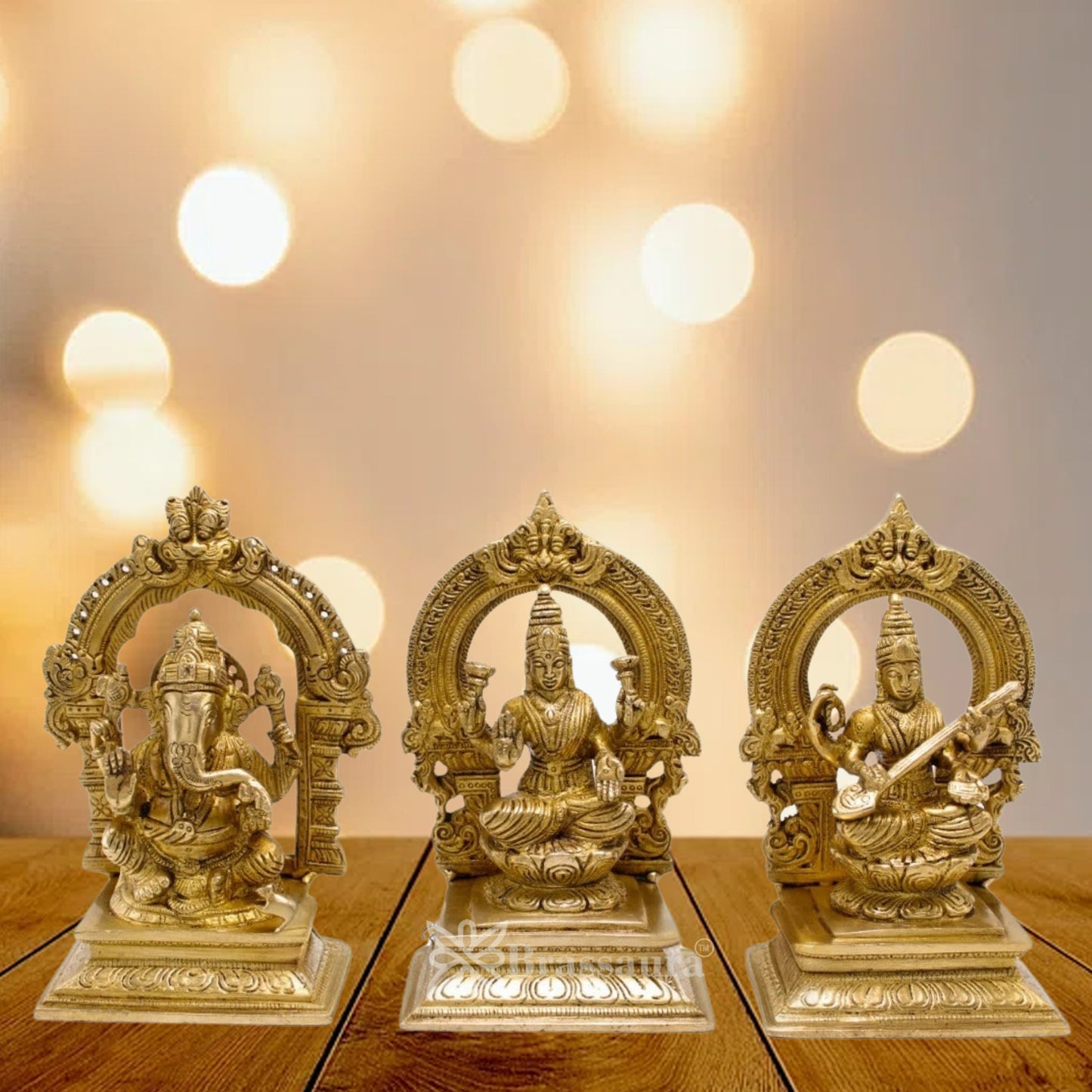 Brassaura™ Traditional Brass Laxmi Ganesha Saraswati Murti – Height 7 Inches & Weight 4.5 Kgs | Hindu Idol