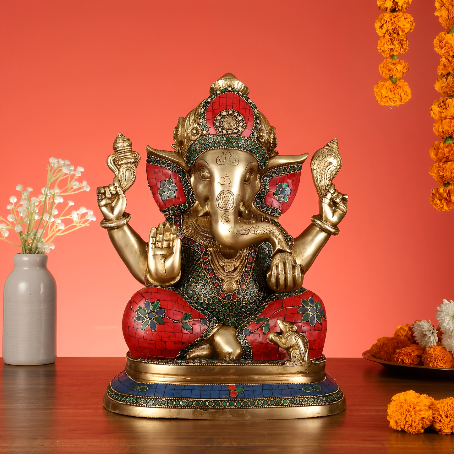 Brassaura™ Taj Ganesha Brass Idol on Engraved Base | Handcrafted Spiritual Showpiece | Weight 12.5 Kgs | Height 14.5 Inches