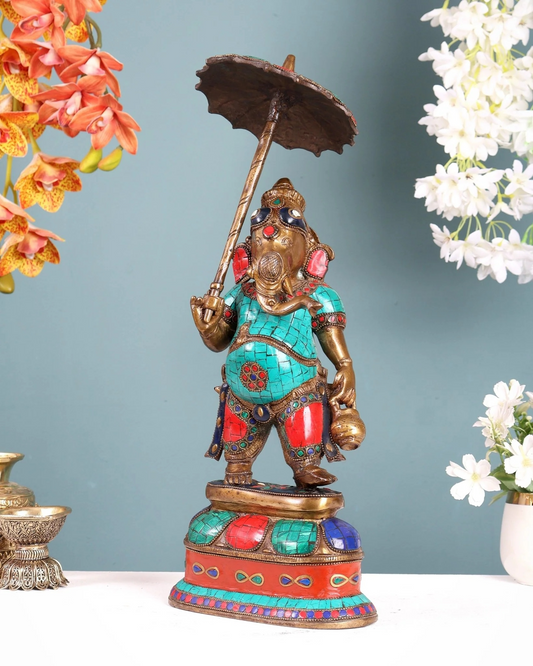 Brassaura® Brass Ganesha Statue with Umbrella & Kamandal | Height 15 Inches