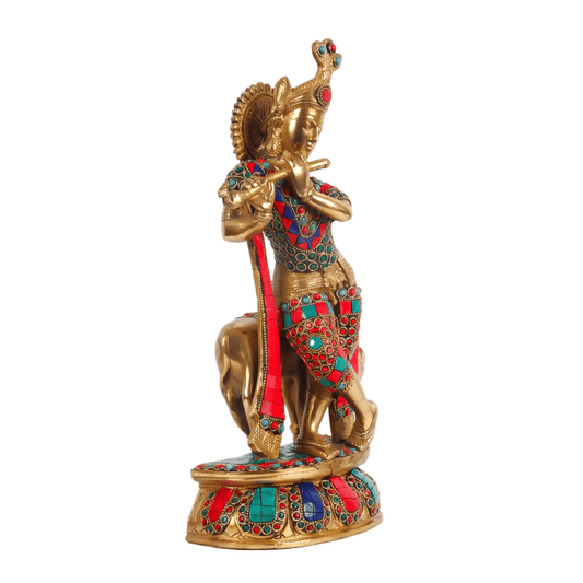 Brassaura™ Krishna Playing Flute with Cow | Pure Brass Idol | Height 14 Inches & Weight 6 Kgs