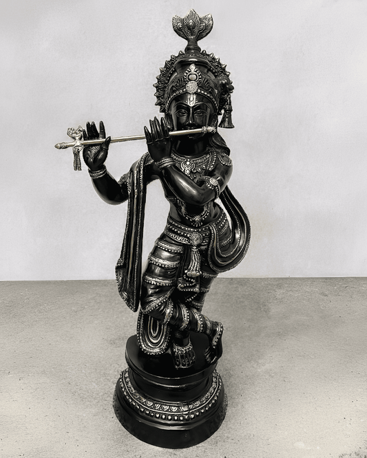 Brassaura® Lord Krishna Playing Flute Brass Statue | Black & Gold Finish | Brass Murti for Home Temple, Pooja Room, Spiritual Décor & Luxury Gifting | Height 36 Inches | Weight 27 Kg