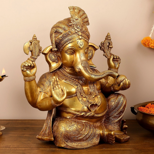 Brassaura® शुद्ध पीतल भगवान गणेश मूर्ति | हस्तनिर्मित आध्यात्मिक शोपीस | ऊँचाई 21 इंच