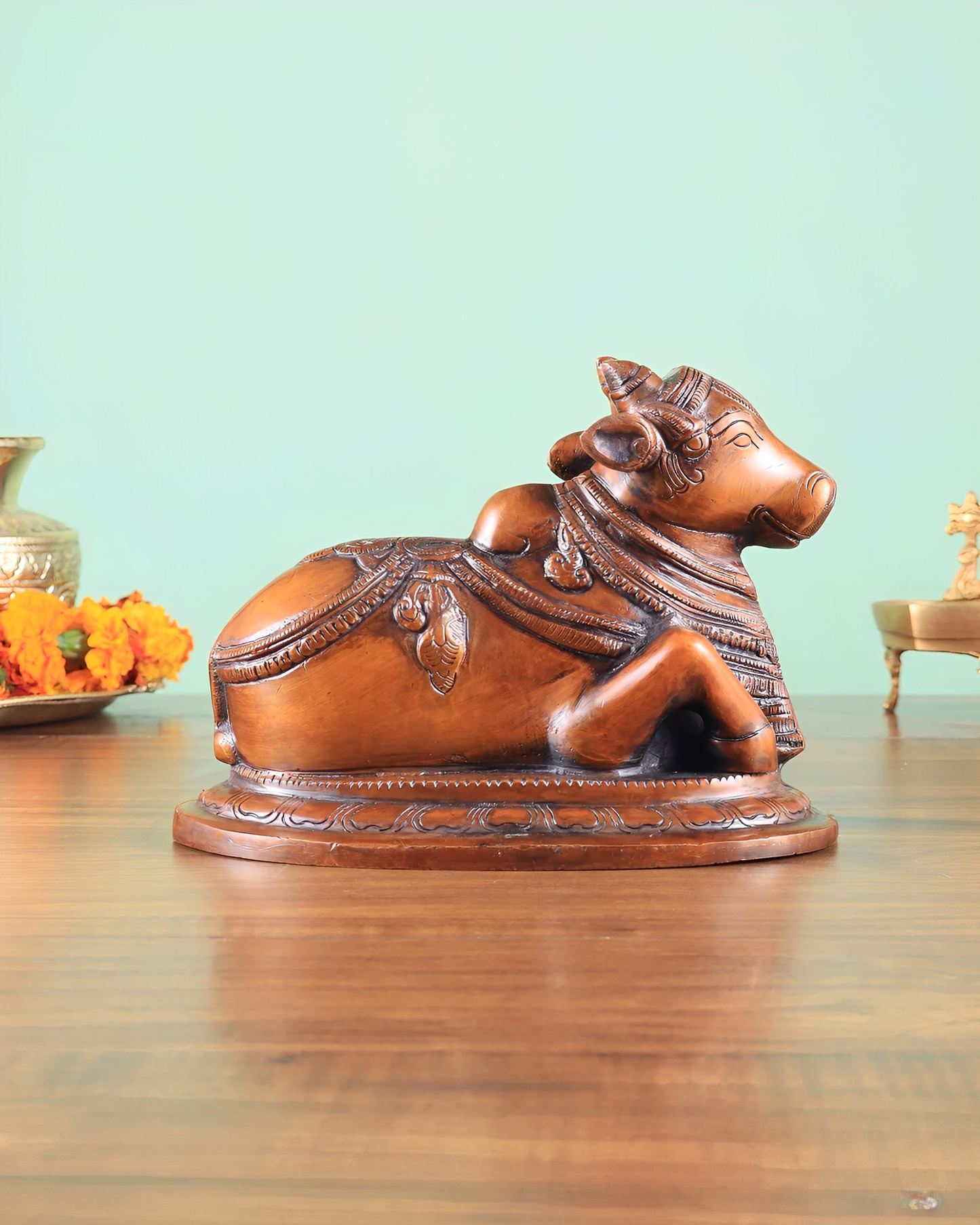 Brassaura™ Handcrafted Brass Nandi Statue – Copper Tone | Height 6" & Weight 3.25 Kgs