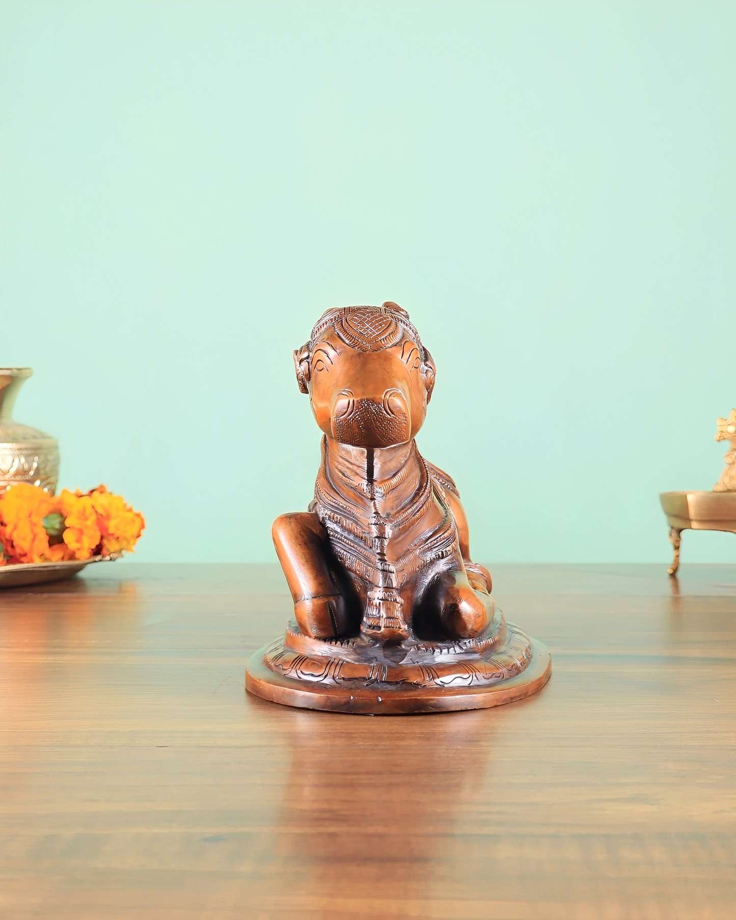 Brassaura™ Handcrafted Brass Nandi Statue – Copper Tone | Height 6" & Weight 3.25 Kgs