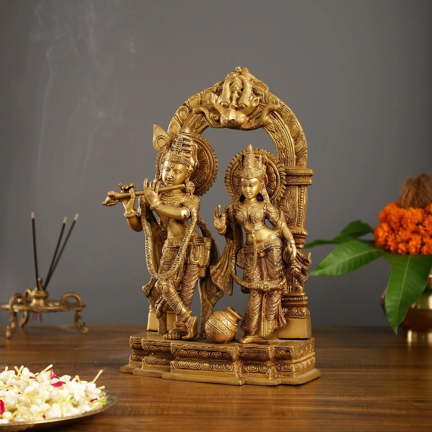 Brassaura™ Handcrafted Radha Krishna Brass Idol with Yali Prabhavali – 14 Inch Height, 7.5 Kg | Divine Flute & Butter Pot Detail