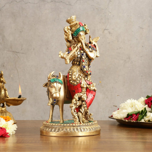 Brassaura™ Krishna with Cow | Pure Brass with Stonework | Height 10.5 Inches & Weight 3.2 Kgs