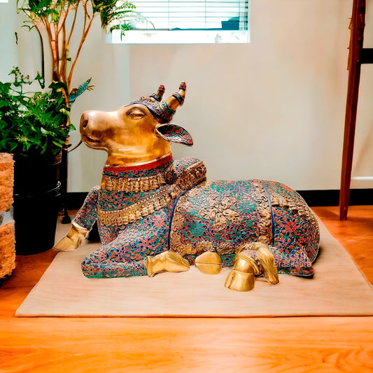 Brassaura™ Handcrafted Brass Wirework Nandi Bull with Natural Stones – Height 21 Inches & Weight 30 Kgs | Majestic Temple Idol