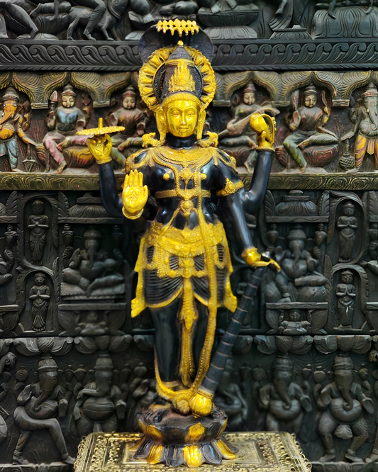 Brassaura™ Handcrafted Brass Lord Vishnu Idol with Sheshanaag | 40 Inch Height | 30 KG Weight | Ink Blue & Yellow Gold Finish