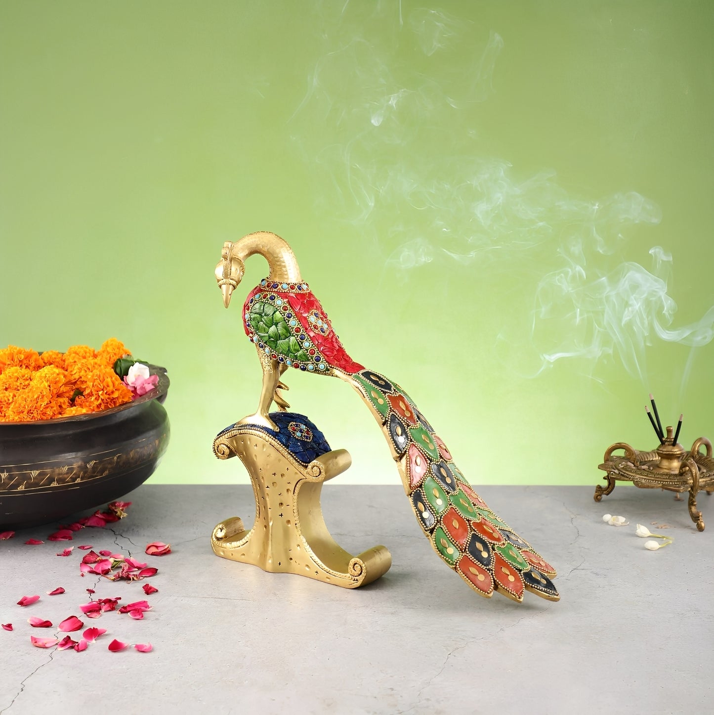 Brassaura™ Handcrafted Brass Peacock Showpiece with Stonework – Height 11 Inches & Weight 3 Kgs