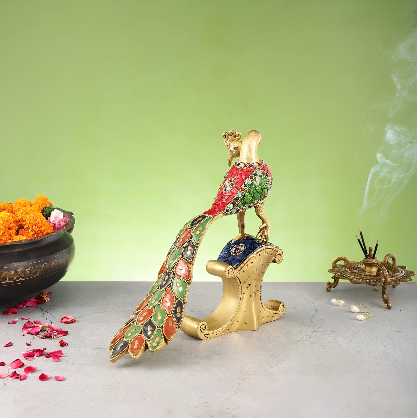 Brassaura™ Handcrafted Brass Peacock Showpiece with Stonework – Height 11 Inches & Weight 3 Kgs