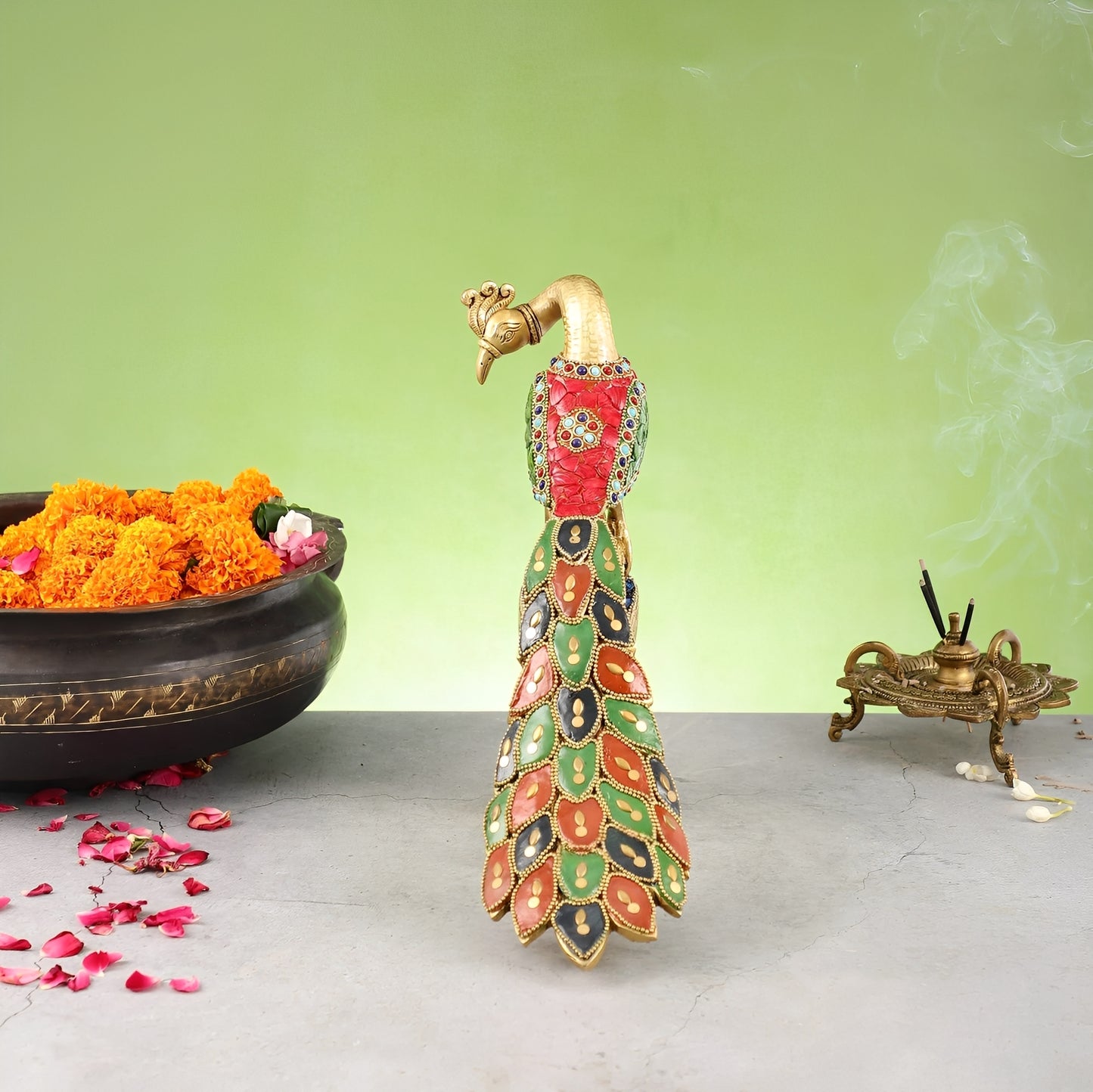 Brassaura™ Handcrafted Brass Peacock Showpiece with Stonework – Height 11 Inches & Weight 3 Kgs