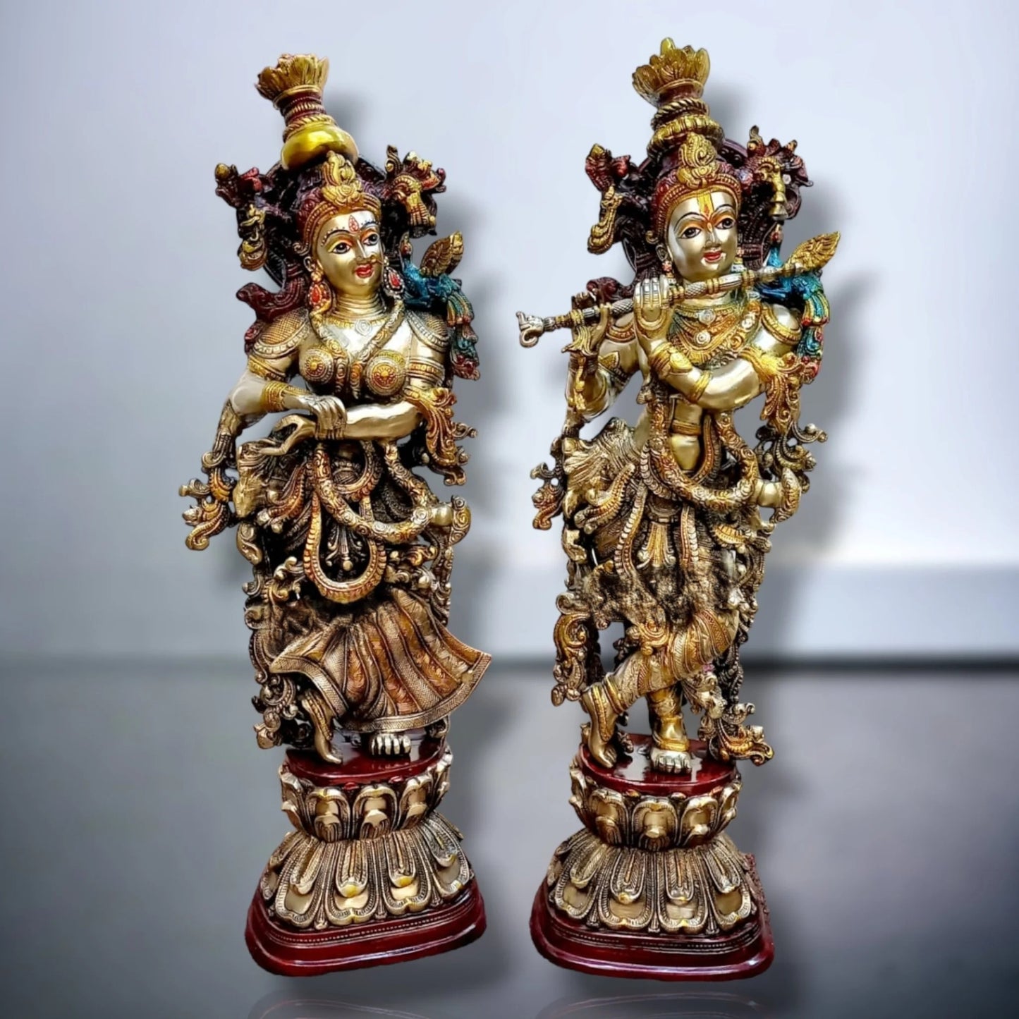 Brassaura™ Pure Brass Handpainted Radha Krishna Idols – 29 & 28 Inch Height, 32 Kg Pair | Exquisite Handcrafted Decor