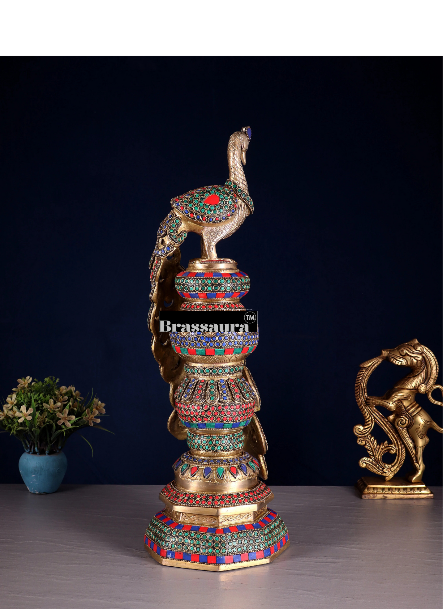 Brassaura™ Brass Large Peacock Showpiece with Meenakari Work – Height 20 Inches & Weight 8.5 Kgs
