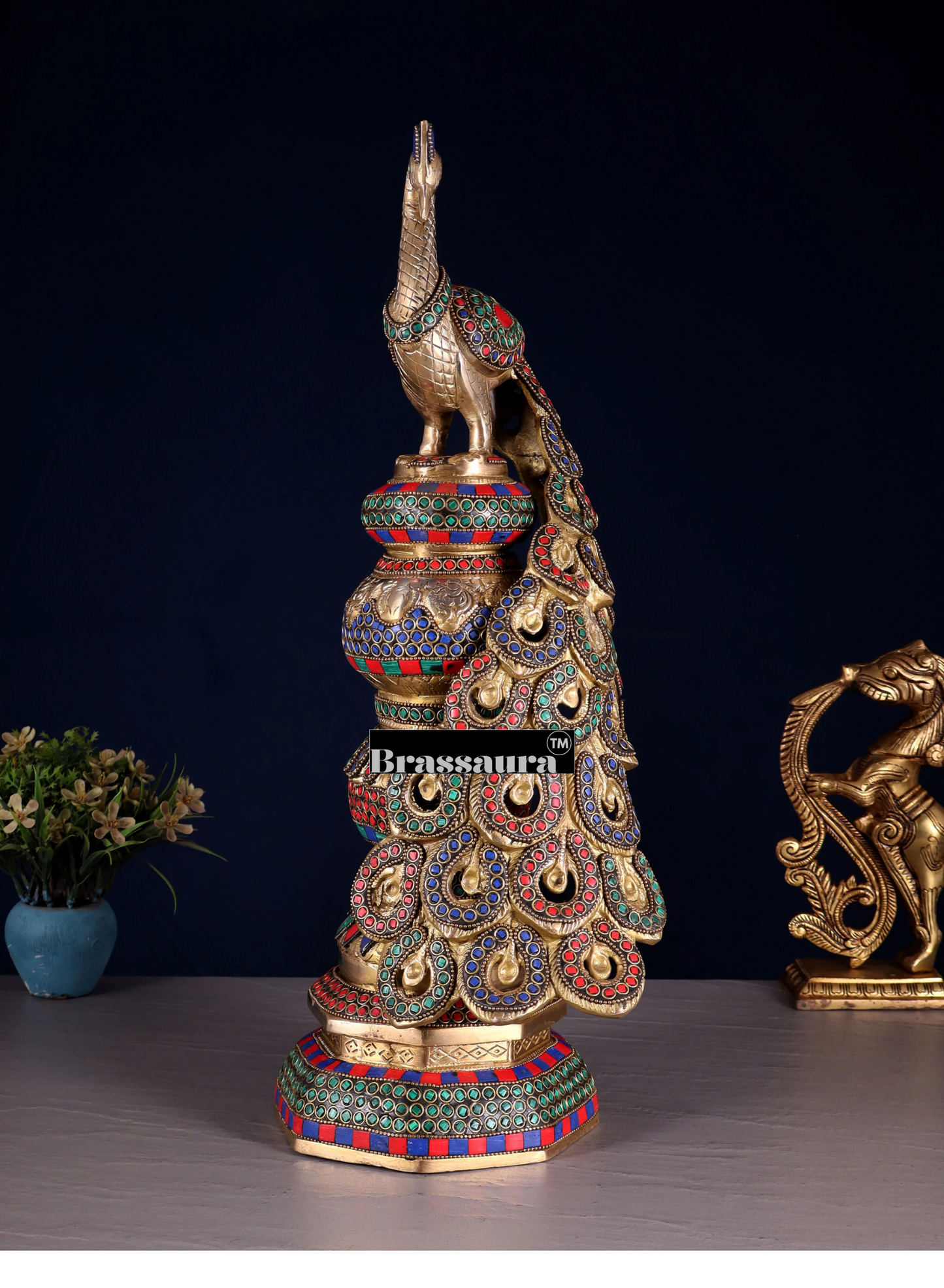 Brassaura™ Brass Large Peacock Showpiece with Meenakari Work – Height 20 Inches & Weight 8.5 Kgs
