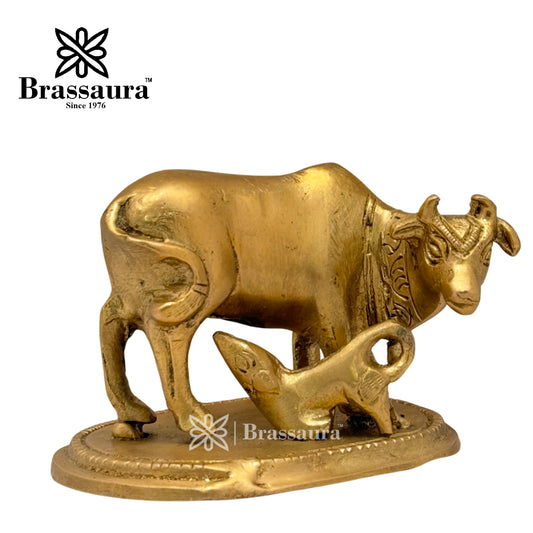 Brassaura™ Brass Kamdhenu Cow & Calf Idol – Height 2.4 Inches & Weight 0.35 Kgs | Home Temple & Spiritual Décor