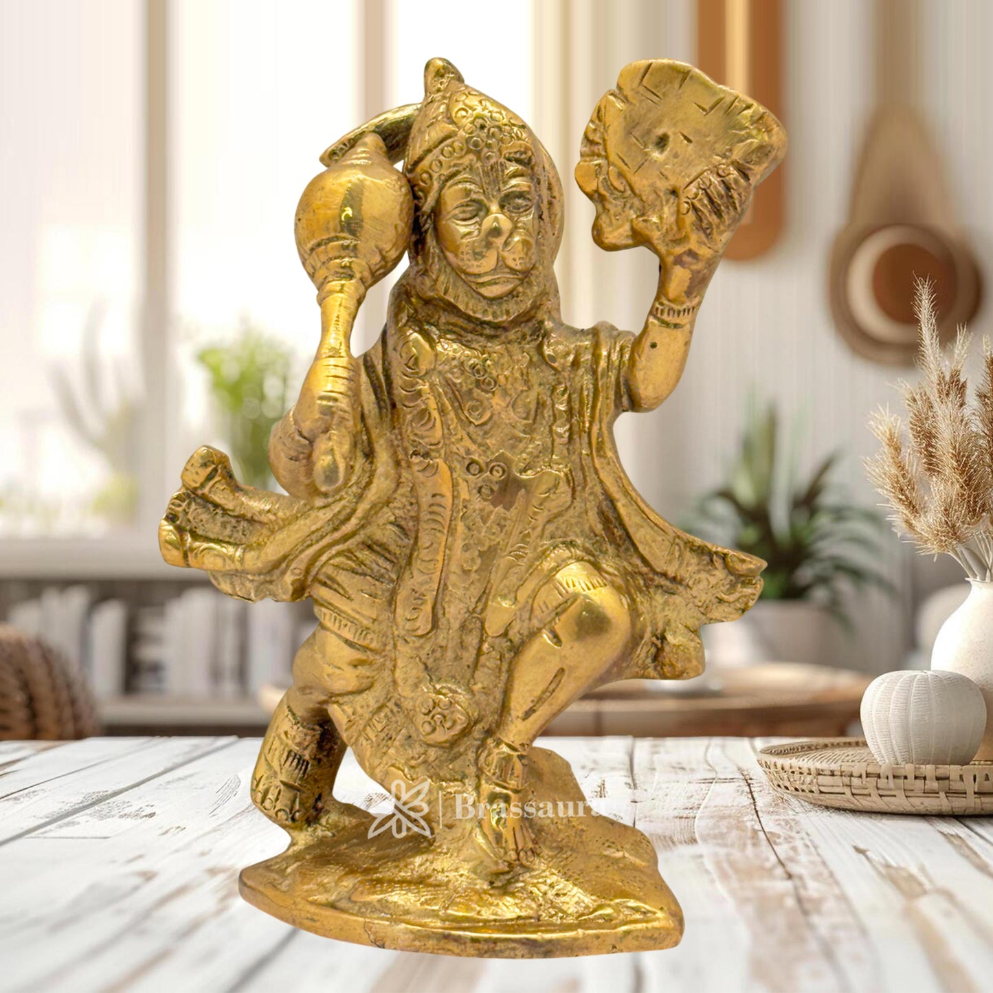 Brassaura™ Brass Hanuman With Mountain Statue Height 4 Inches & Weight 0.6 Kgs | Traditional Temple Idol