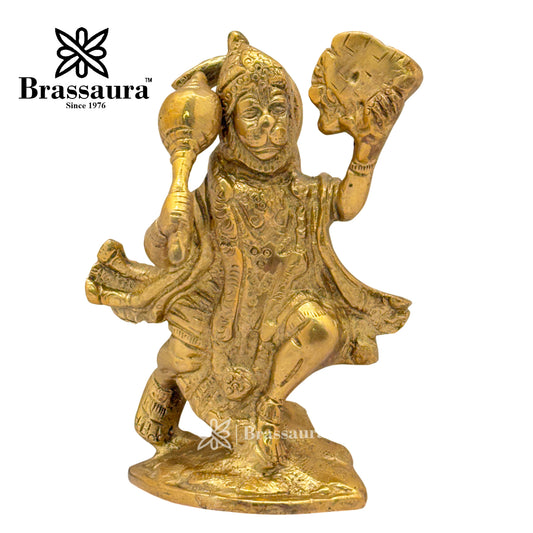 Brassaura™ Brass Hanuman With Mountain Statue Height 4 Inches & Weight 0.6 Kgs | Traditional Temple Idol