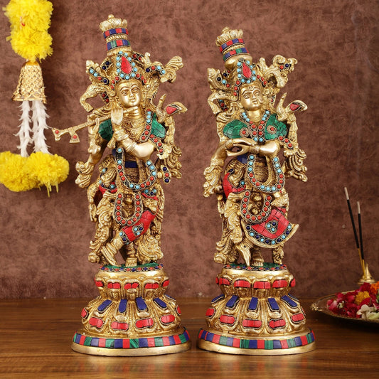 Brassaura™ Brass Radha Krishna Idol Pair with Exquisite Stonework – Height 15 Inches & Weight 10 Kgs | Divine Love Statues
