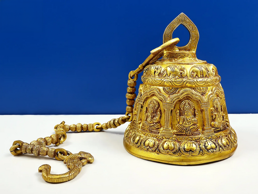 ब्रासौराज™ चेन के साथ अलंकृत पीतल मंदिर की घंटी | ऊंचाई 9 इंच और वज़न 7.18 किग्रा