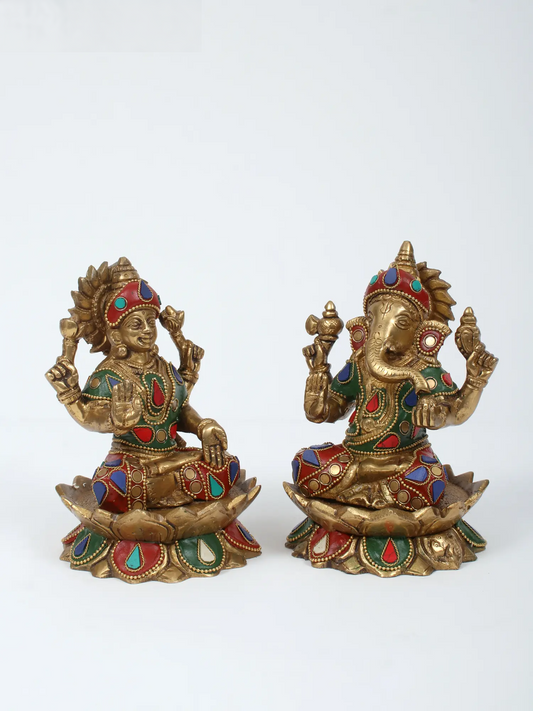 Brassaura™ Lakshmi & Ganesha Pair with Inlay Work | Height 5.91 Inches & Weight 3.95 kgs