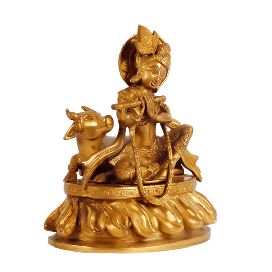 ब्रासौर™ भगवान कृष्ण गाय के साथ बैठे हुए | शुद्ध पीतल की मूर्ति | ऊंचाई 8.75 इंच और वज़न 3.5 किलोग्राम